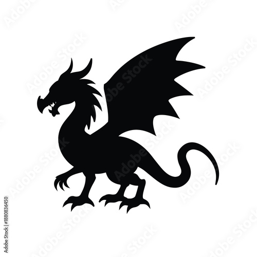 Mythical Black Dragon Silhouette Vector Graphic Isolated on White Background