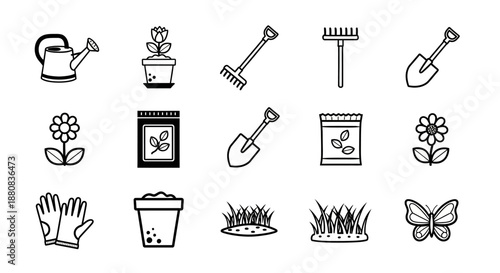 Gardening tools and flower icons set.