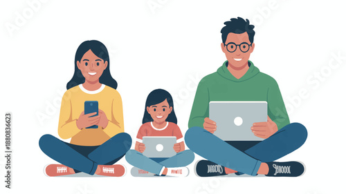 Flat Vector Illustration of a Happy Family Using Digital Tablets and Smartphones While Relaxing Together at Home