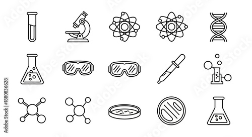 Science laboratory equipment and symbols.