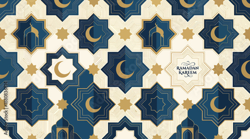 Decorative Vector Seamless Islamic Pattern with Golden Crescent Moons and Stars for Holy Month Celebration Design Background