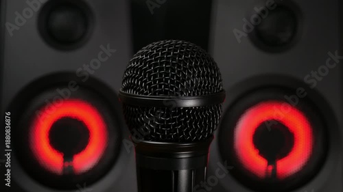 Microphone in Front of Studio Speakers with Red LED Light, Close-Up
