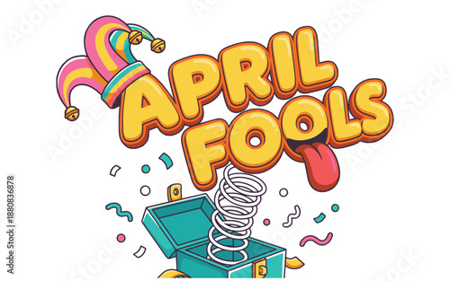 Playful April Fools' Day illustration with jester hat and spring