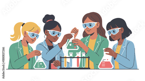 Flat Vector Illustration of a Diverse Group of Medical Professionals and Doctors in White Coats Standing Together in a Clinic