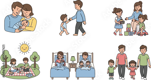 A comprehensive collection of illustrations depicting diverse family life scenes, including parents with newborns, playtime, and bedtime routines, showcasing different family structures.