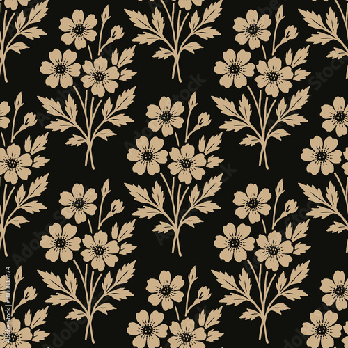 Seamless beige floral pattern with stylized wild flowers and leaves in folk art style on black background for wallpaper, fabric, textile and surface design.