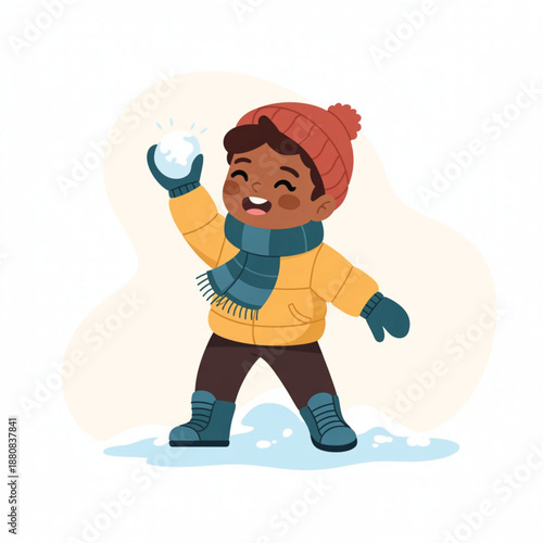 Happy African American Boy Holding Snowball in Winter Clothes, Isolated on White Background