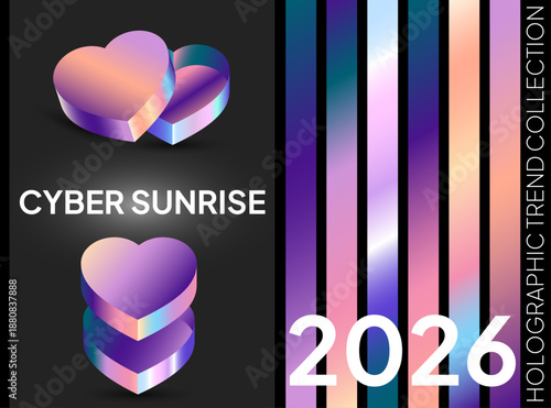 Modern Sunset Amber Digital Holography: 2026 Gradient Background with 3D Iridescent Shapes, Future Digital Art and Trendy Vector Design for Web, Poster or Futuristic Branding. Cyber-Pastel Collection.