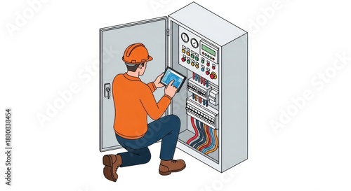 Technician inspecting Electrical Panel: A skilled technician diligently inspects an electrical panel using a tablet.