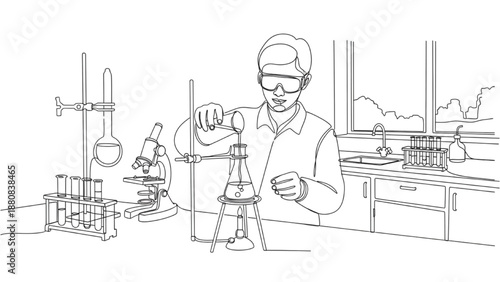 High-quality black continuous line art of a science experiment in a school lab, students conducting chemistry and physics experiments, education and learning illustration