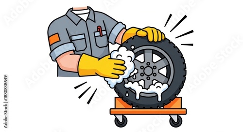 Tire Cleaning Illustration: A mechanic diligently cleans a tire, showcasing automotive maintenance and attention to detail.