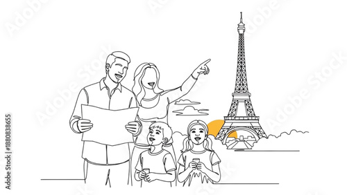 High-quality black continuous line art of a family sightseeing together, travel and vacation illustration, tourism and adventure concept