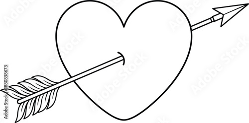 Heart pierced by arrow line art illustration, love symbol, romance concept, valentine design, minimal black outline vector tattoo icon graphic