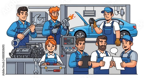 Auto Shop Team in Action: Mechanics collaborate within an auto repair shop, diagnosing and fixing a car, highlighting the synergy of skilled professionals. 
