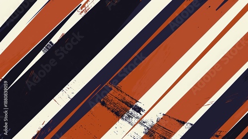 Abstract diagonal stripes in orange, navy blue, and white with textured brushstroke effects