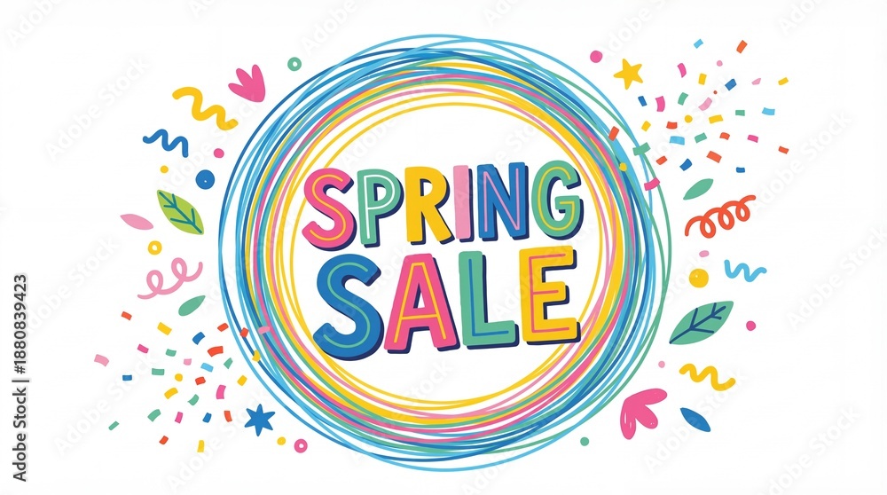 Naklejka premium colorful hand drawn lettering spring sale in scribbled circular frame. confetti, leaves and stars decoration on white background. seasonal discount promotion. banner, website header with copy space.