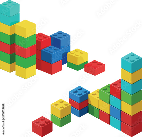 Colorful toy brick stacks in two arrangements, illustrating playful block design and spatial concepts like sorting, counting, and pattern recognition.