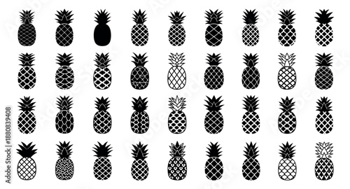 Stylized graphic pineapple icon set featuring different patterns and styles for tropical and fruit themes