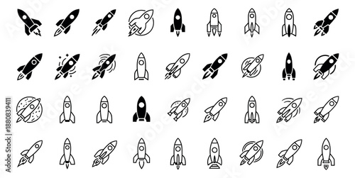 Minimalist line art and solid rocket icons set featuring various spacecraft designs and launch concepts for space exploration, business, and technology