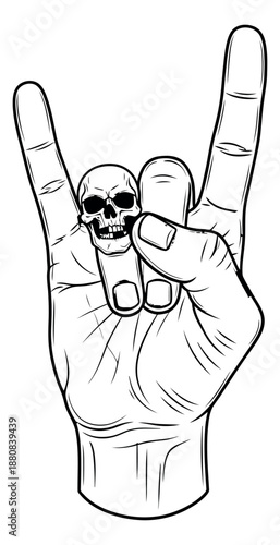 Hand drawn line art illustration of a hand depicting a rock n roll gesture with a skull ring for music culture