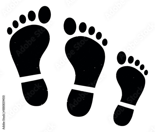 Grunge silhouette footprints set featuring three black foot impressions of different sizes for concepts of journey and family
