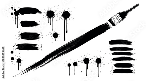 Hand drawn artistic paint and ink elements set featuring various brush strokes, splatters, and a paintbrush for creative design projects