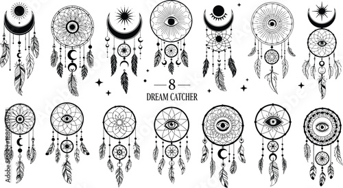 Dream catcher illustration collection, mystical boho symbols with moon feathers and sacred eye details in black line art vector style for spiritual decor and tattoo design