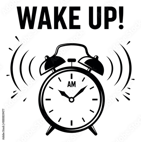 Line art illustration of an alarm clock ringing with 'wake up!' text depicting an urgent alert for morning alarms and daily schedules