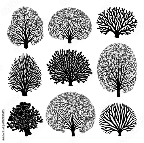 Hand drawn line art tree set featuring various stylized bare branch patterns for nature and design projects