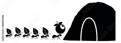 Graphic illustration of a line of ants depicting insects carrying leaves and a berry to an anthill for nature and teamwork concepts