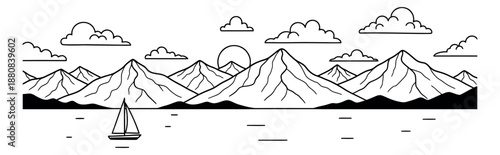 Line art illustration of a mountain lake scene depicting a sailboat at sunrise for travel and adventure