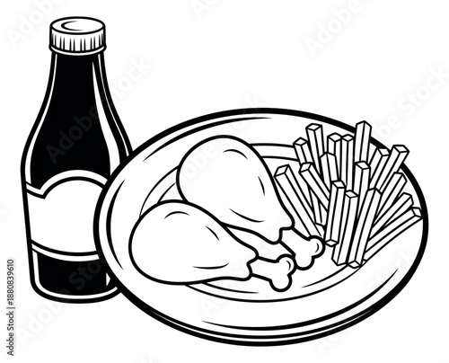 Hand drawn line art fast food set featuring fried chicken, french fries, and a drink for a restaurant menu