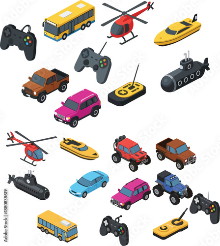 Grid of colorful remote-controlled toy vehicles including helicopters, cars, boats, and submarines with matching controllers for educational or commercial use.