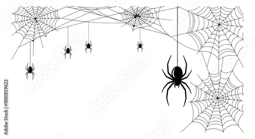 Line art Halloween set featuring spiders and spiderwebs for spooky decoration