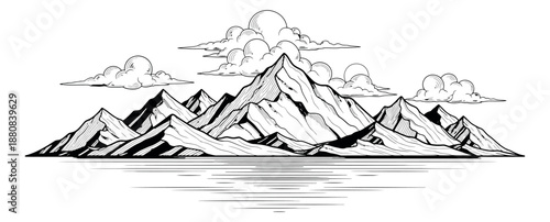 Hand drawn line art illustration of a mountain range depicting a majestic natural landscape with clouds and water for outdoor designs