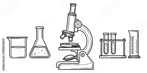 Hand drawn line art science laboratory equipment set featuring a microscope, test tubes, flasks, beakers, and measuring cylinder for scientific experiments and education