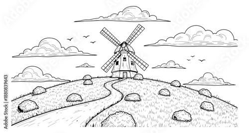 Hand drawn line art illustration of a windmill depicting a scenic rural landscape on a hill with clouds and birds for nature projects