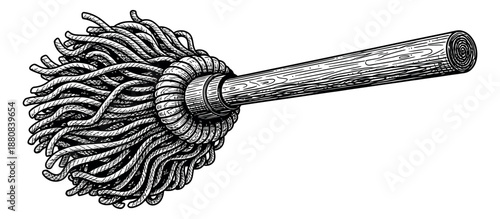 Hand drawn line art illustration of a mop depicting a household cleaning tool for domestic tasks
