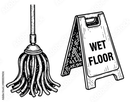 Hand drawn line art cleaning tools set featuring a mop and a wet floor sign for safety and hygiene concepts