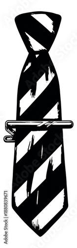 Hand drawn illustration of a striped necktie with a tie clip depicting formal attire for professional fashion