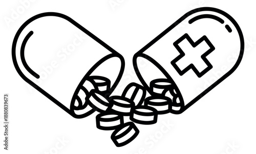 Line art illustration of an open medical capsule depicting pills spilling out for healthcare
