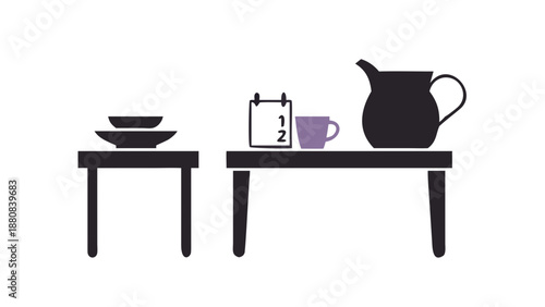 A silhouette of a small table set with a bowl, a spoon, a jug of water, and a single date, viewed from the side