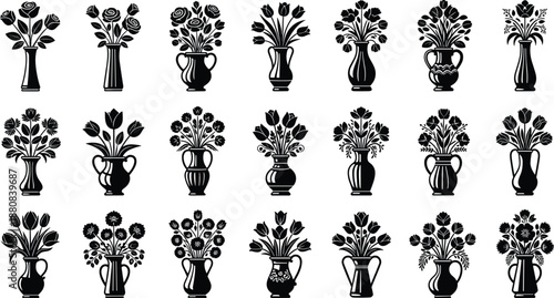Elegant flower vase silhouette collection illustration, classic floral bouquets in decorative containers, black botanical vector set for interior decor, vintage design, wedding and art projects