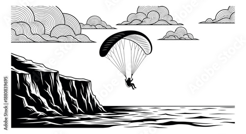 Line art illustration of a paraglider depicting an adventurous flight over the ocean cliffs for extreme sports