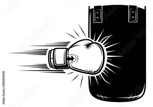Monochromatic line art illustration of a boxing glove hitting a punching bag depicting a dynamic impact for fitness posters