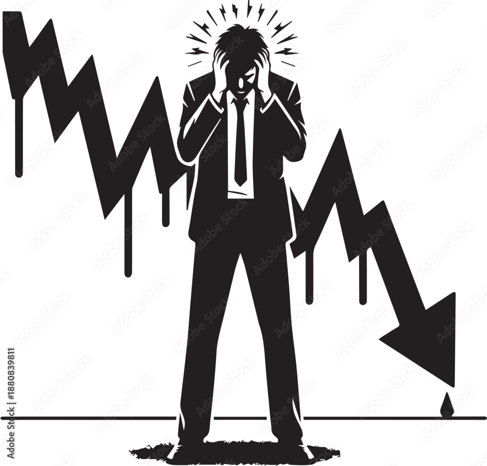 Fototapeta premium Stressed trader silhouette facing falling market graph anxiety concept vector