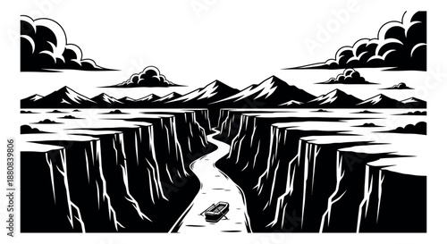 Line art illustration of a river flowing through a canyon with a boat depicting a dramatic natural landscape for adventure travel