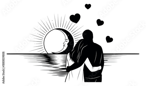 Line art illustration of a loving couple depicting an embrace under a moonlit sky with hearts for romantic celebrations