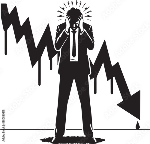 Stressed trader silhouette facing falling market graph anxiety concept vector
