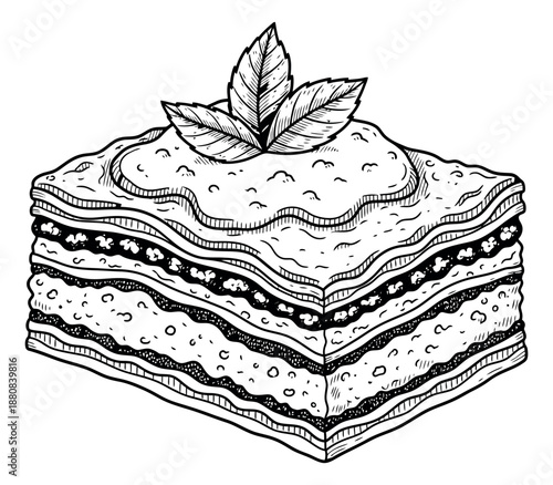 Hand drawn line art illustration of baklava depicting layers and a mint garnish for a sweet dessert